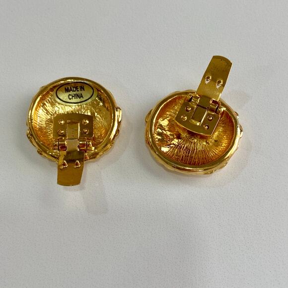 Vintage 50s MCM Gold Atomic Triangle Design Round Shoe Purse Accessory Clips - Picture 7 of 9